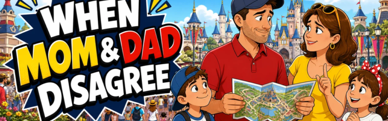 Mom and Dad calmly resolving a disagreement with their children in a theme park