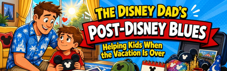 Comic illustration of a Disney dad comforting a child with post-Disney vacation blues