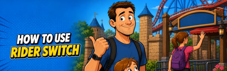 Dad waiting with a young child while another parent enters a Disney World attraction using Rider Switch
