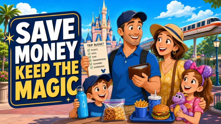 Dad holding a Disney World vacation budget while his family enjoys snacks and souvenirs near a theme park castle