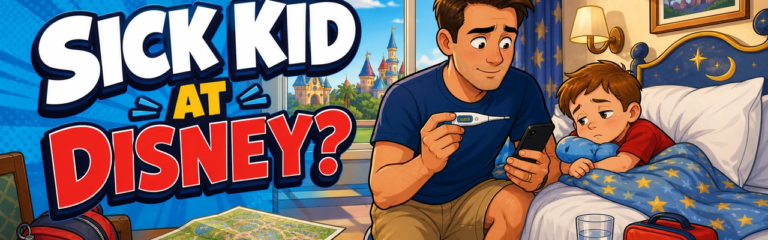 Worried dad caring for a sick child in a Disney World hotel room while reviewing the family vacation plan
