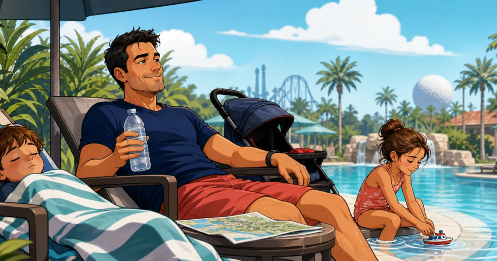 Disney dad relaxing with his children during a shaded midday resort pool break