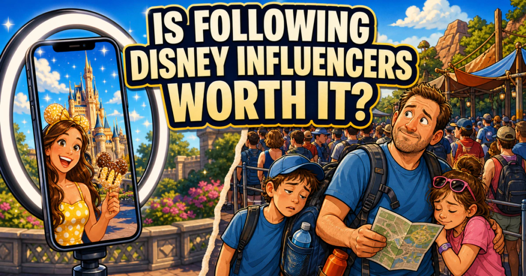 Cartoon comparison of a polished Disney influencer video with the crowded reality of a family theme-park vacation