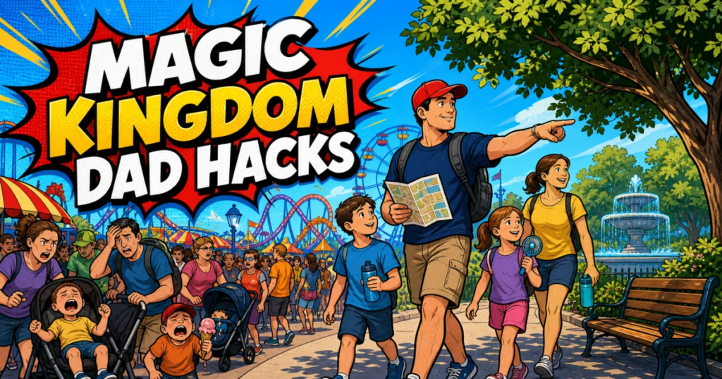 Comic illustration of a Disney World dad guiding his family from a crowded theme park area toward a quiet shaded reset spot
