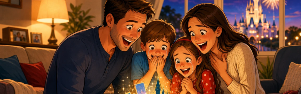 Family reacting with joyful surprise as Dad reveals a magical Disney World vacation from a gift box