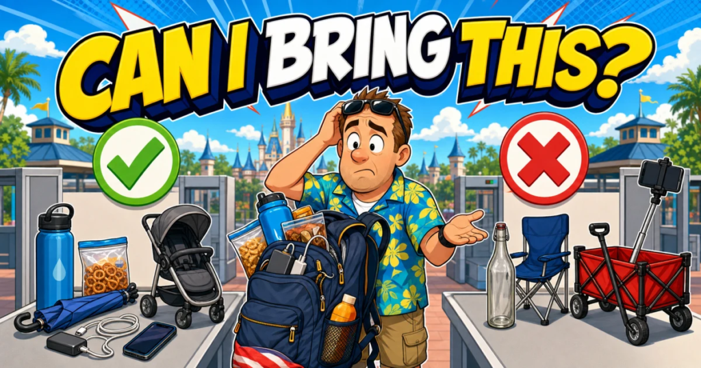 Dad checking an overstuffed park bag against Disney World’s 2026 allowed and prohibited items rules